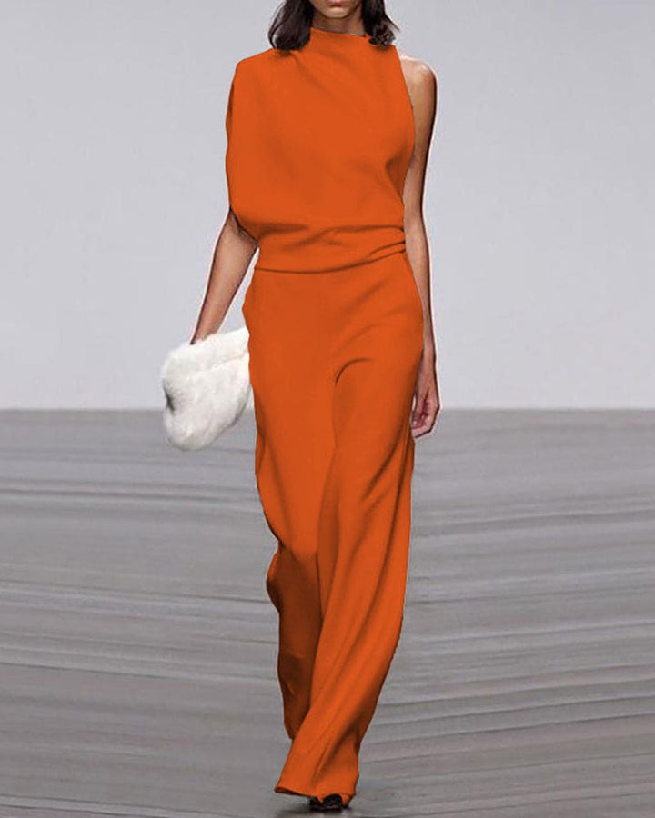 Sleek one-shoulder wide-leg jumpsuit for women. A chic evening outfit, ideal for formal parties & special events.