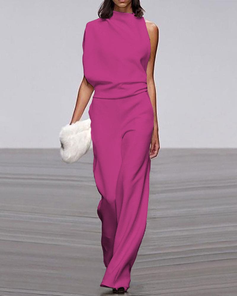 Sophisticated women's evening jumpsuit. Features an elegant one-shoulder design & flowing wide legs for formal occasions.