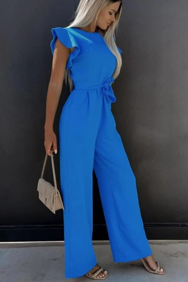 Elegant women's open-back jumpsuit, flattering fit for party or date night. Comfortable spring fashion.