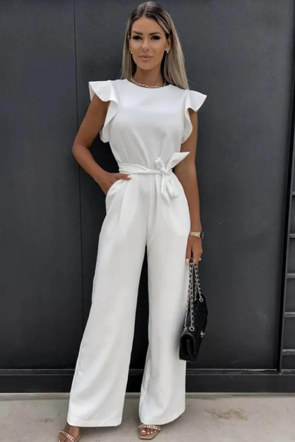 Beige elegant open-back jumpsuit for women. Flattering fit, ideal for date night or party outfits.