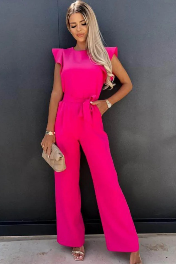 White elegant women's open-back jumpsuit. Flattering & comfortable for spring fashion & evening wear.