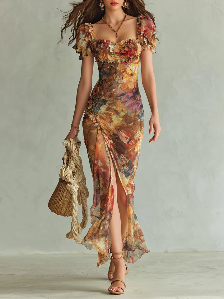 Elegant women's orange floral maxi dress with sweetheart neck, ruched bodice, and puff sleeves, ideal for formal events.