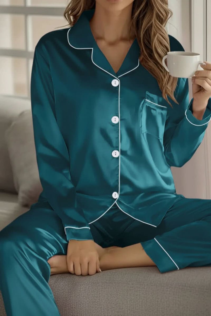 Elegant women's pajama set for luxurious lounging. Chic two-piece sleepwear for ultimate comfort.