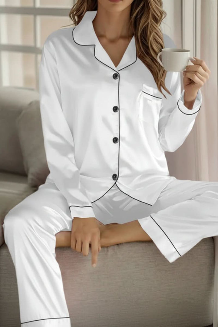 Soft women's pajama set, a blend of elegant sleepwear and comfortable home wear. Relaxed fit nightwear.