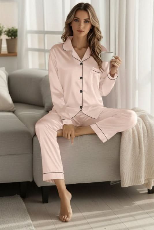 Deluxe women's two-piece pajama set. Elegant sleepwear for luxurious lounging and comfortable home wear.