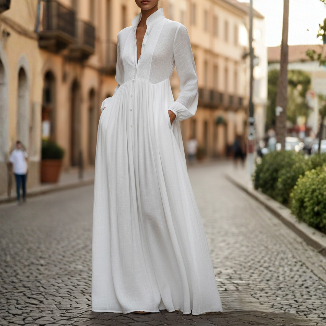 Elegant women's patchwork high neck long sleeve maxi dress. Versatile and chic for seasonal wear.