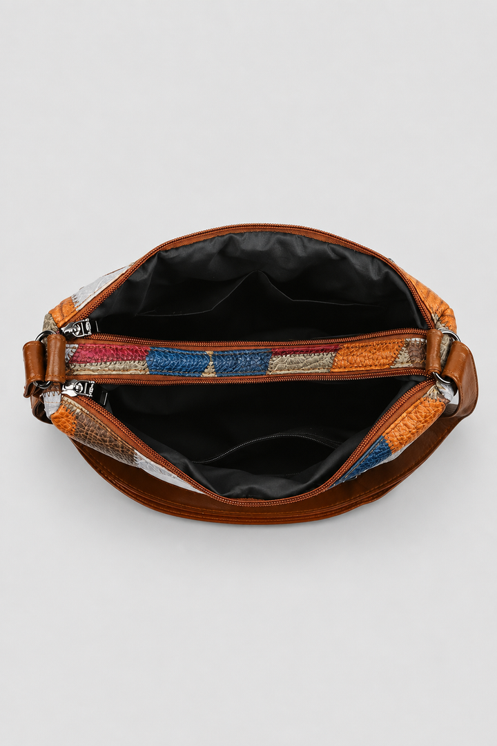 Unique women's patchwork shoulder bag, an elegant fashion handbag. Artistic design for a versatile, stylish everyday bag.