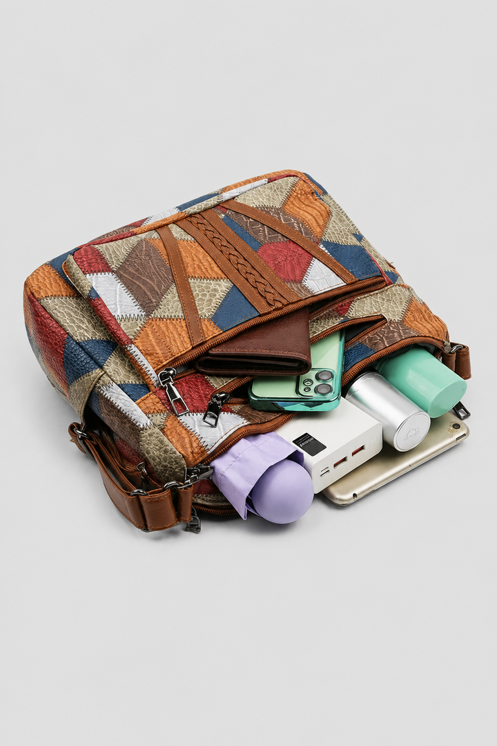 Sophisticated women's patchwork shoulder bag. Artistic design, a versatile and spacious fashion handbag for daily use.