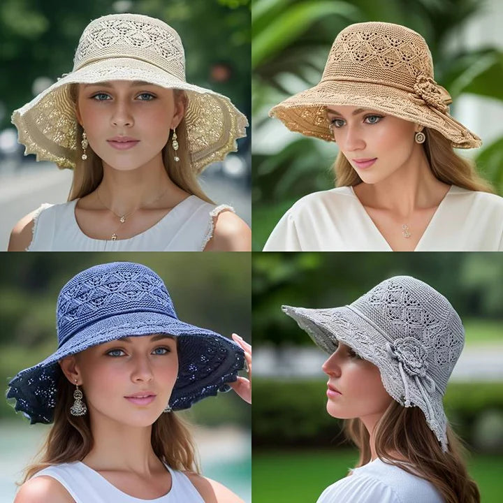 Chic patterned wide brim beach hat for women, providing stylish sun protection for summer outings.