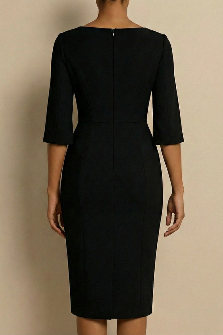 Form-fitting women's midi dress with intricate pearl detailing and fashionable split sleeves for a formal look.