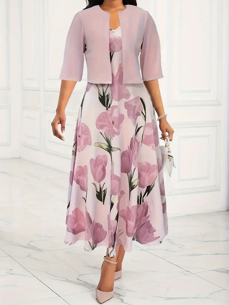 Elegant women's pink floral maxi dress set with matching jacket. Perfect for spring & summer occasions.