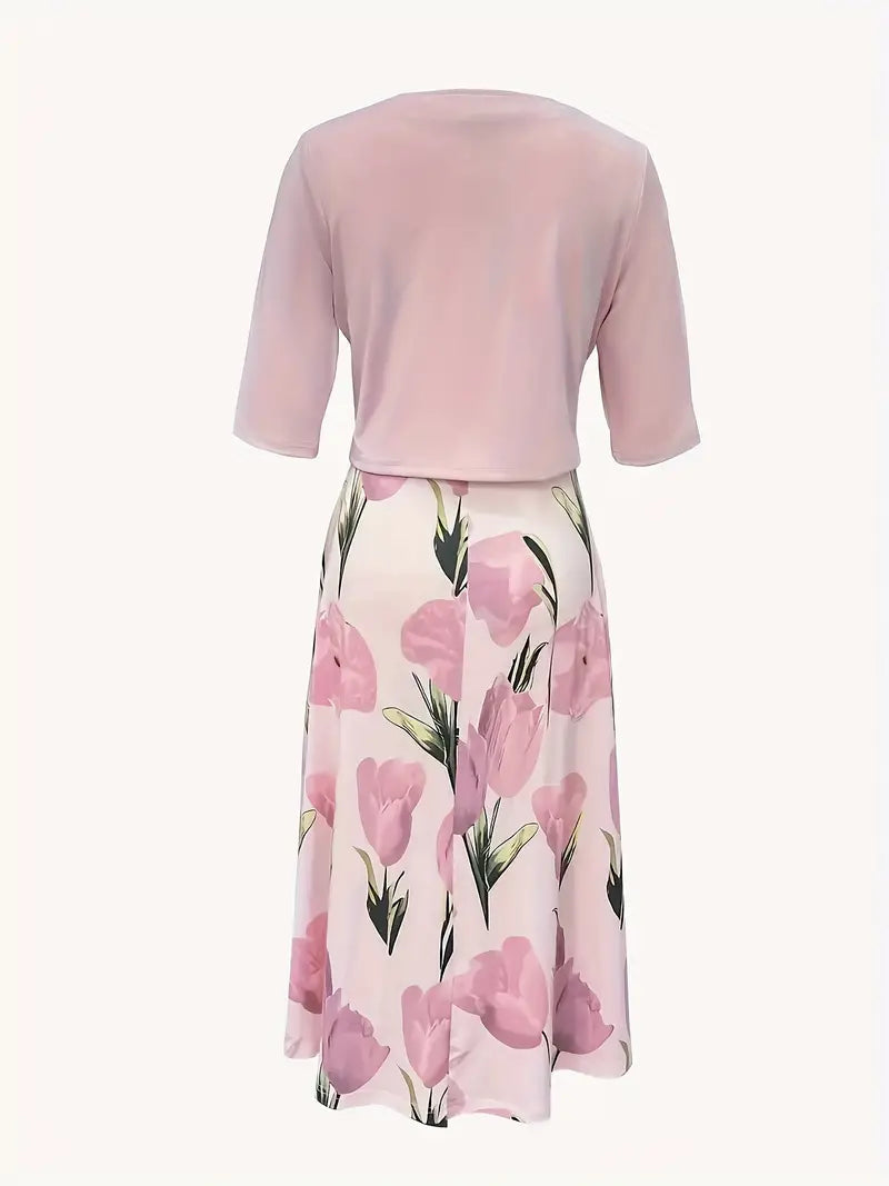 Chic women's two-piece pink floral maxi dress & jacket set. Elegant spring/summer fashion.
