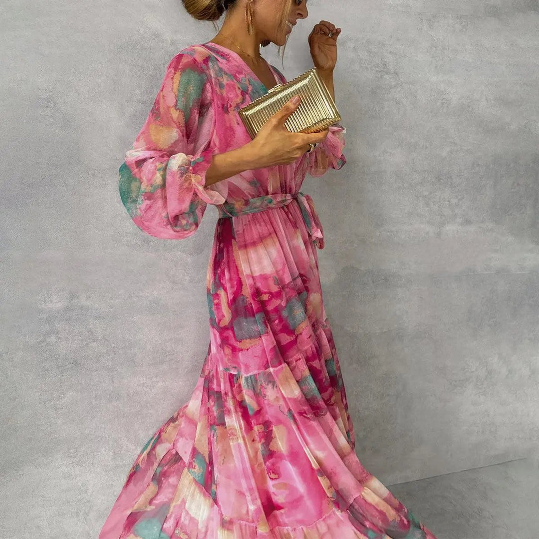Elegant women's pink V-neck belted wrap midi dress, perfect for summer parties or casual wear, long sleeves.