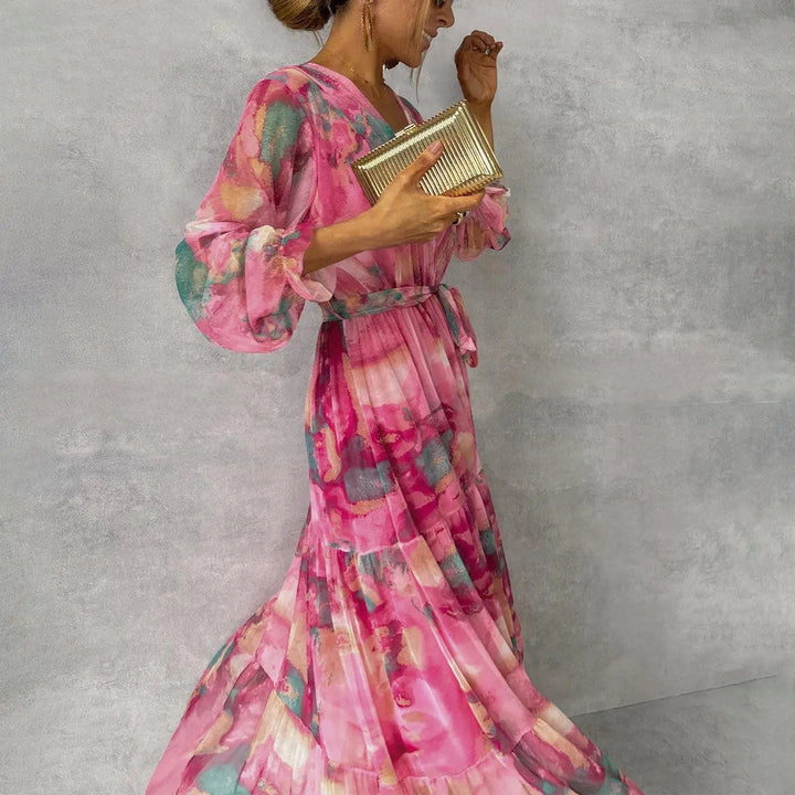 Elegant women's pink V-neck belted wrap midi dress, perfect for summer parties or casual wear, long sleeves.