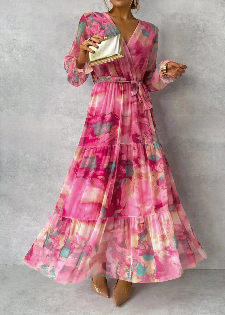 Feminine pink V-neck wrap midi dress with belt, offering elegant style & comfortable fit for women's fashion.
