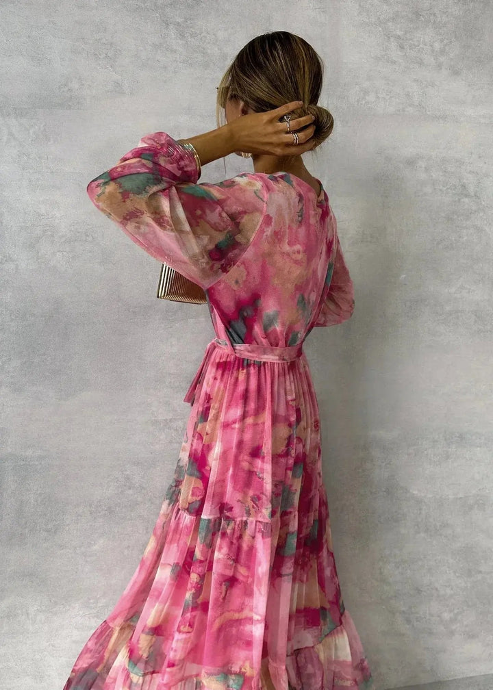 Stylish pink V-neck wrap midi dress for women, featuring a flattering belt. Versatile for elegant, party, or casual wear.