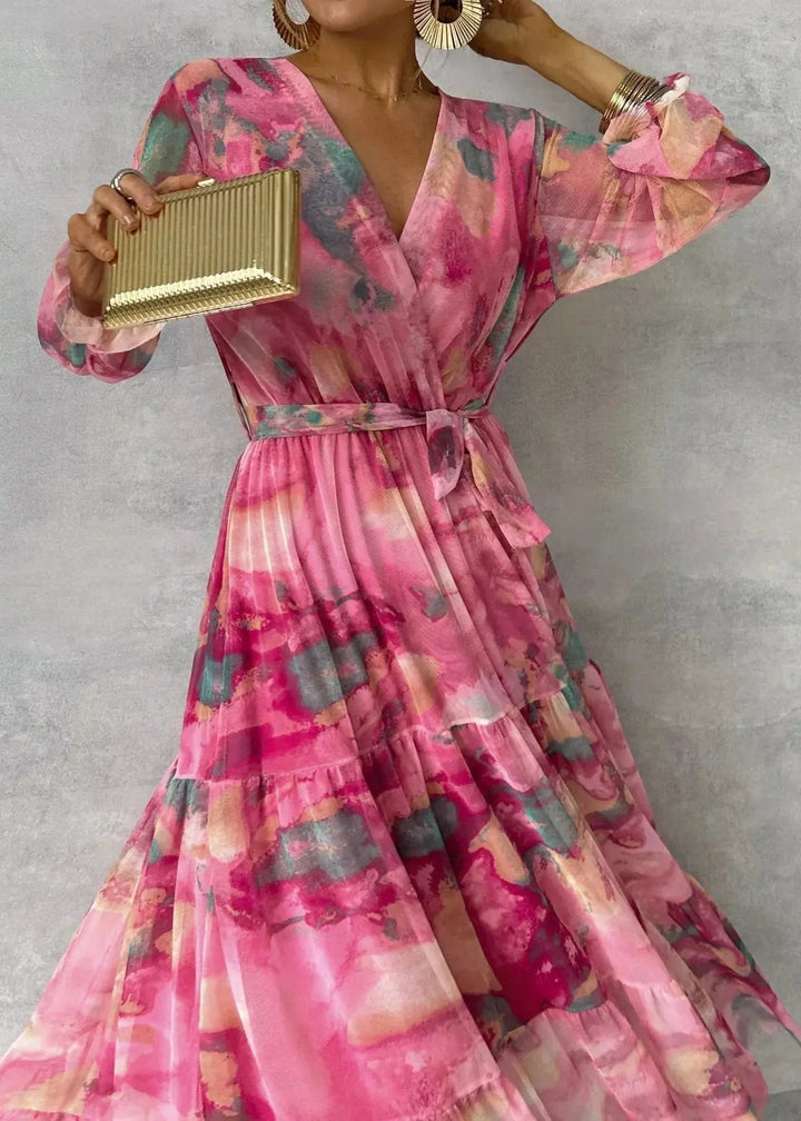 Gorgeous pink V-neck belted wrap midi dress for women, embodying elegant style and comfortable wear for any event.