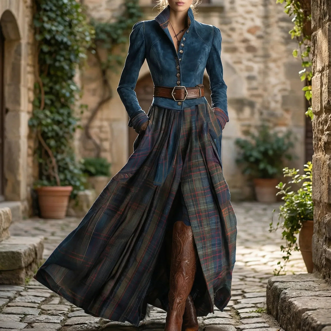 Elegant women's plaid maxi dress with stand collar, long sleeves, and a stylish belt. Perfect for fall/winter.