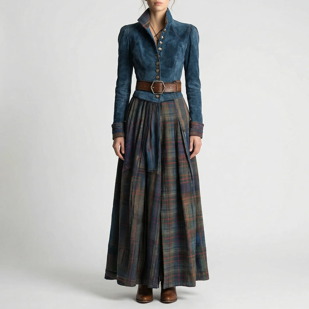 Checkered women's long sleeve maxi dress with a stand collar and belt, offering bohemian vintage fall fashion.