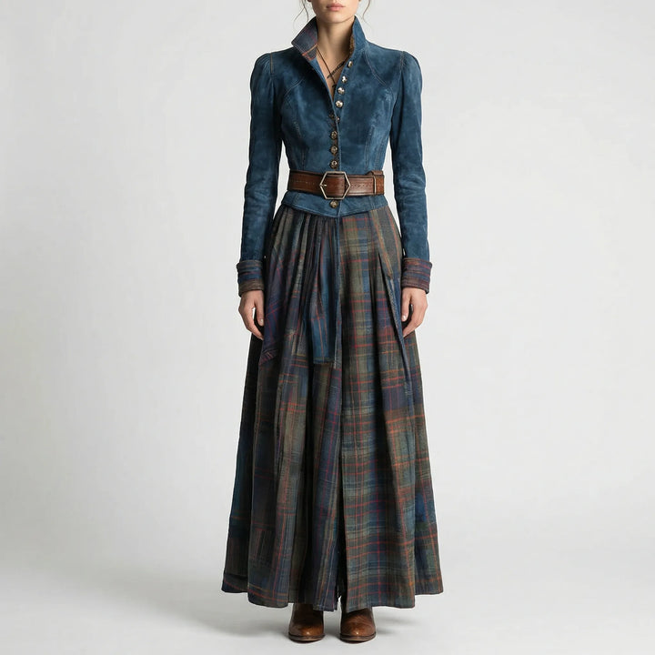 Checkered women's long sleeve maxi dress with a stand collar and belt, offering bohemian vintage fall fashion.