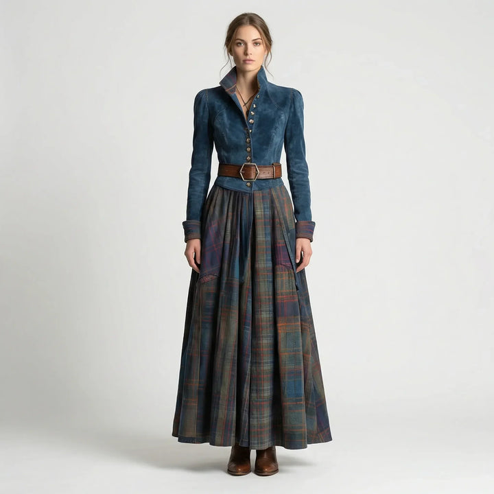 Stylish women's elegant plaid maxi dress, long-sleeved with a stand collar and belt, ideal for fall & winter.