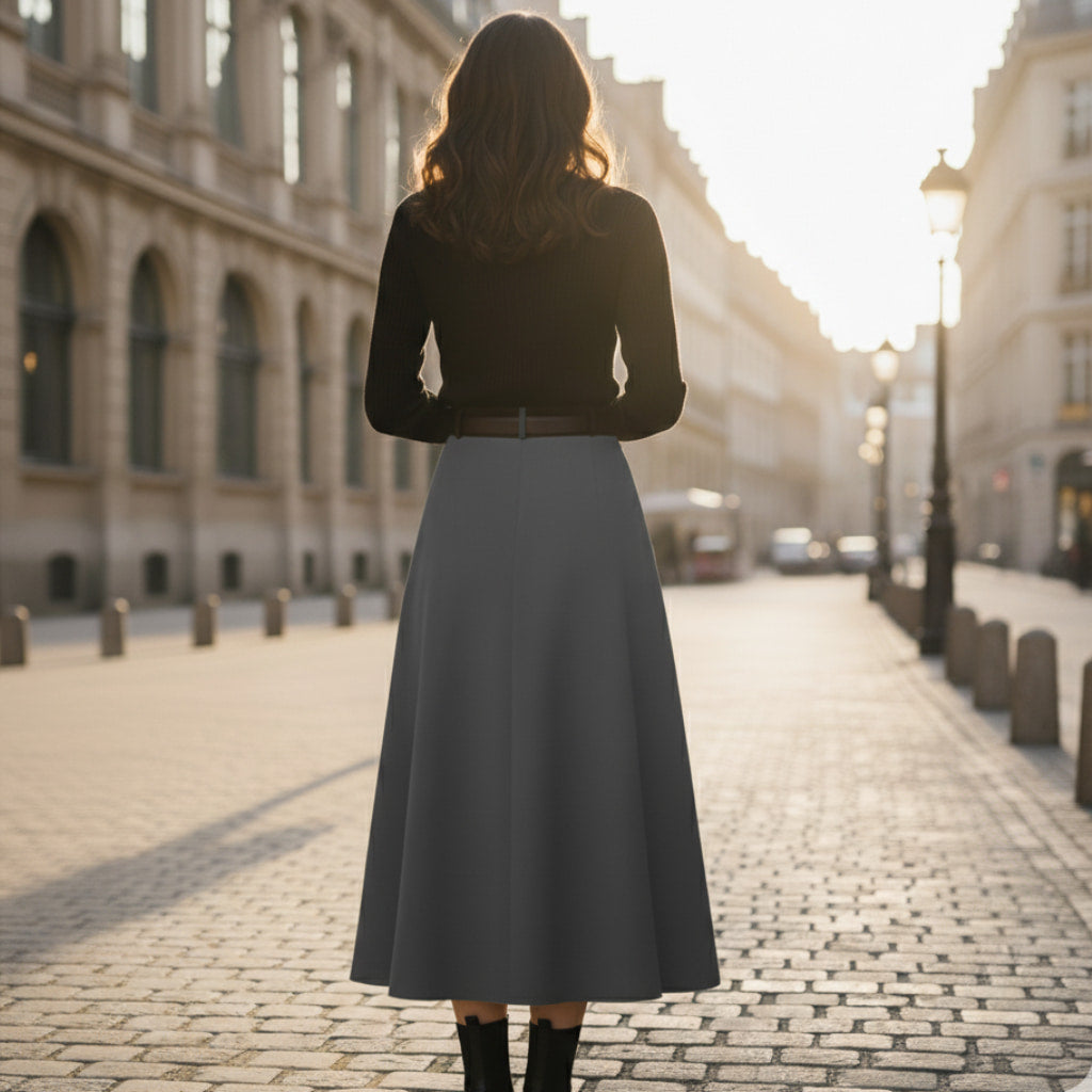 Sophisticated women's pleated midi skirt with an adjustable belt, suitable for both formal and casual outfits.