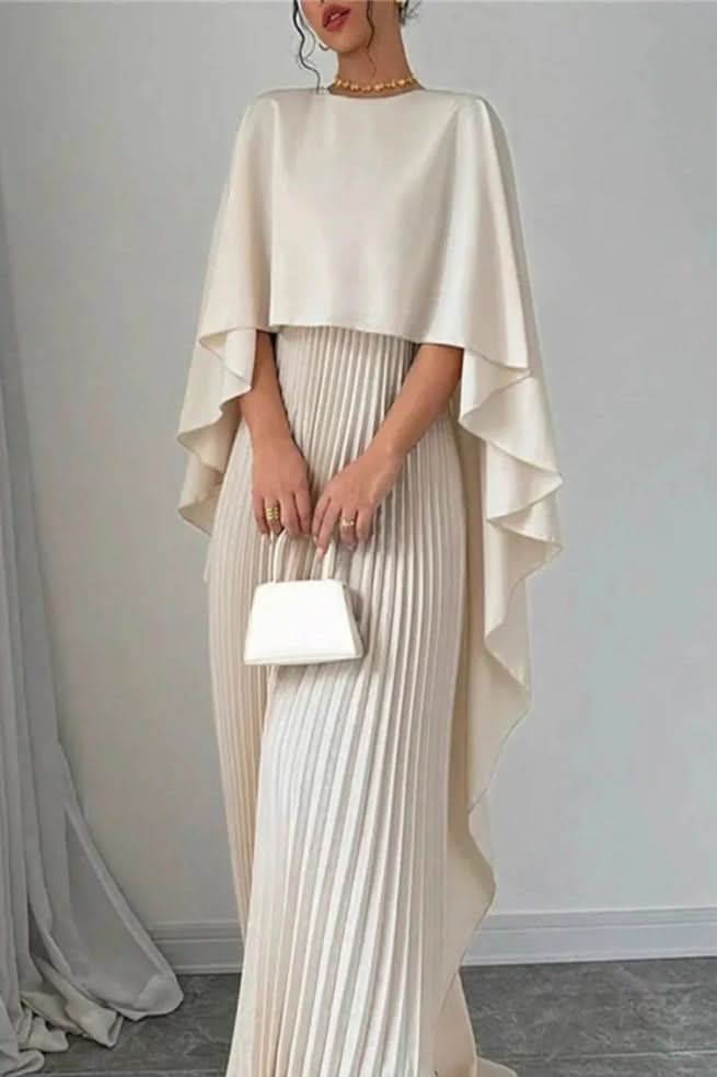 Luxe women's maxi dress featuring an elegant pleated cape, ideal for black-tie parties and formal events.