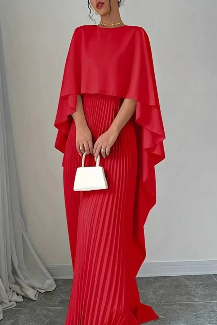 Timeless women's pleated cape dress in a maxi length, a stylish choice for formal evening wear & galas.