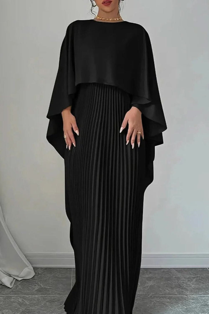 Stunning women's formal cape gown with intricate pleats, a sophisticated choice for elegant evening parties.
