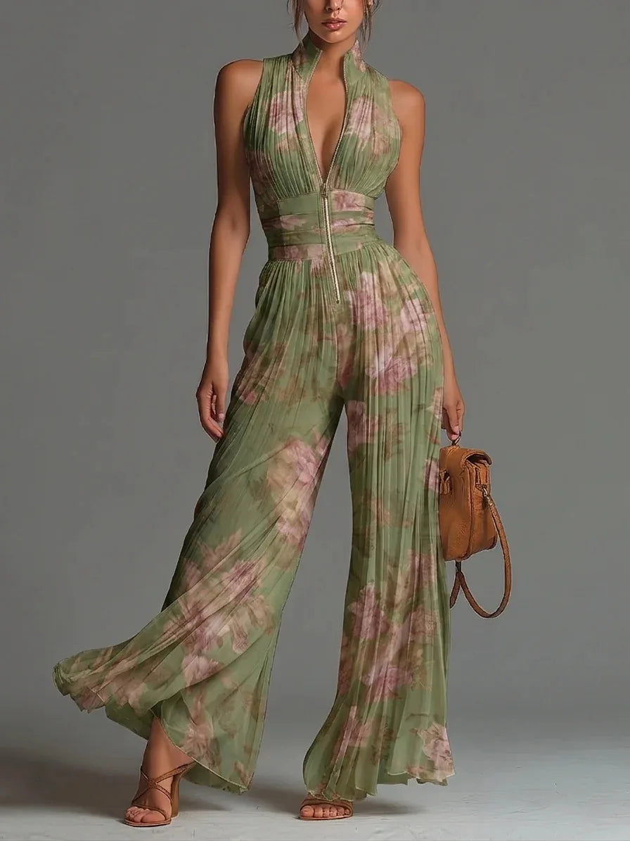 Elegant women's pleated floral halter neck wide-leg jumpsuit, perfect for summer parties or special occasion wear.