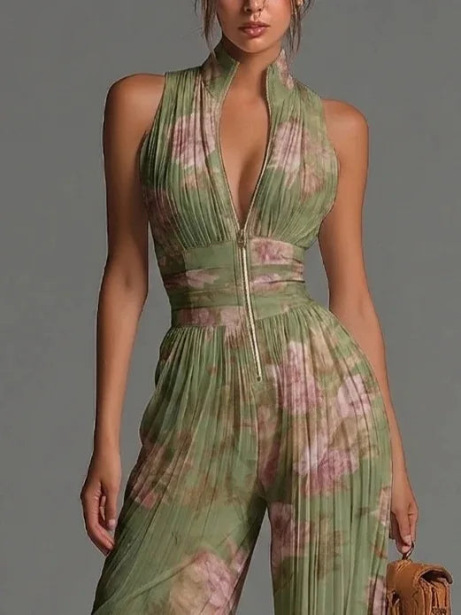 Chic floral halter jumpsuit for women, featuring elegant pleats & a comfortable wide-leg design for summer.