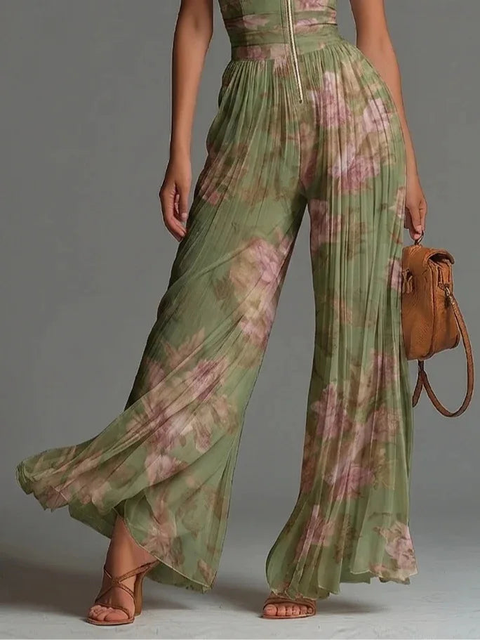Special occasion women's jumpsuit: floral print, halter neck, pleated bodice & flowy wide legs.
