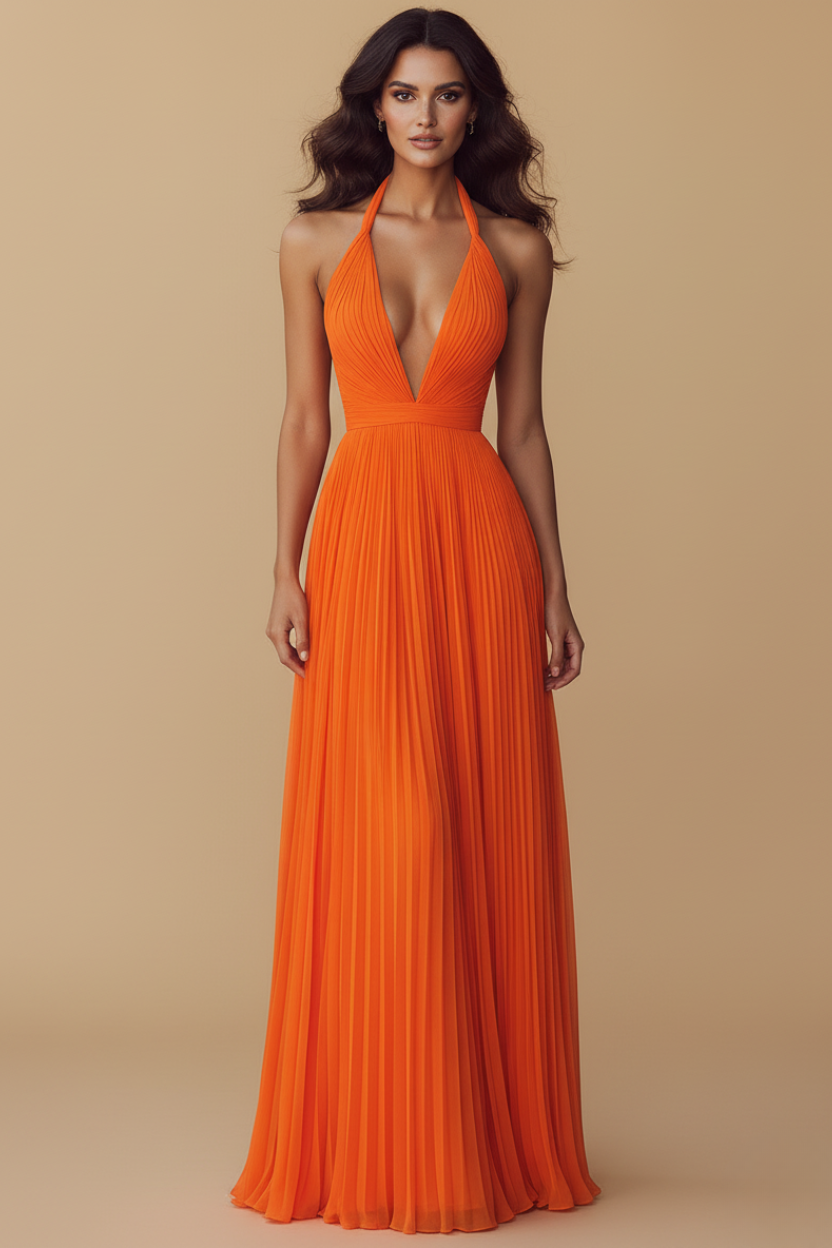 Elegant women's pleated halter deep V-neck maxi dress, perfect as a wedding guest or formal evening gown.