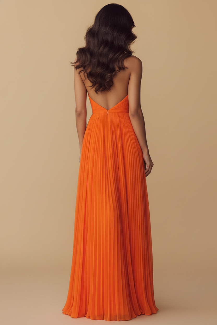 Flowy pleated halter deep V-neck maxi dress for women, ideal for galas & special occasion wear. Elegant & sleeveless.