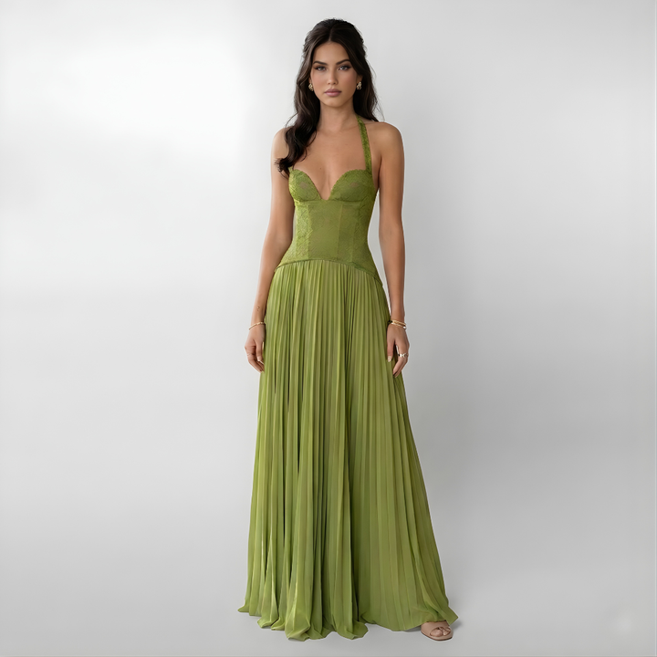 Elegant women's pleated halter maxi dress with an open back, perfect for special occasions like weddings or parties.