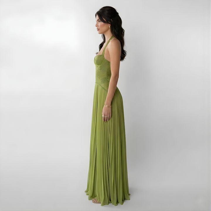 Flowy pleated halter maxi dress for women, featuring a chic open-back design; ideal as a sophisticated evening gown.