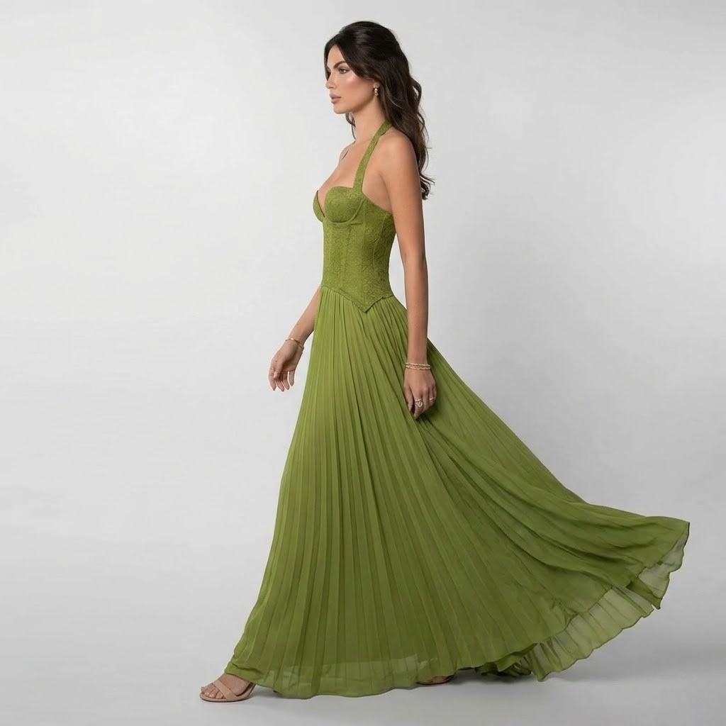 Sophisticated women's pleated halter maxi dress with an elegant open back, a perfect formal or wedding guest dress.
