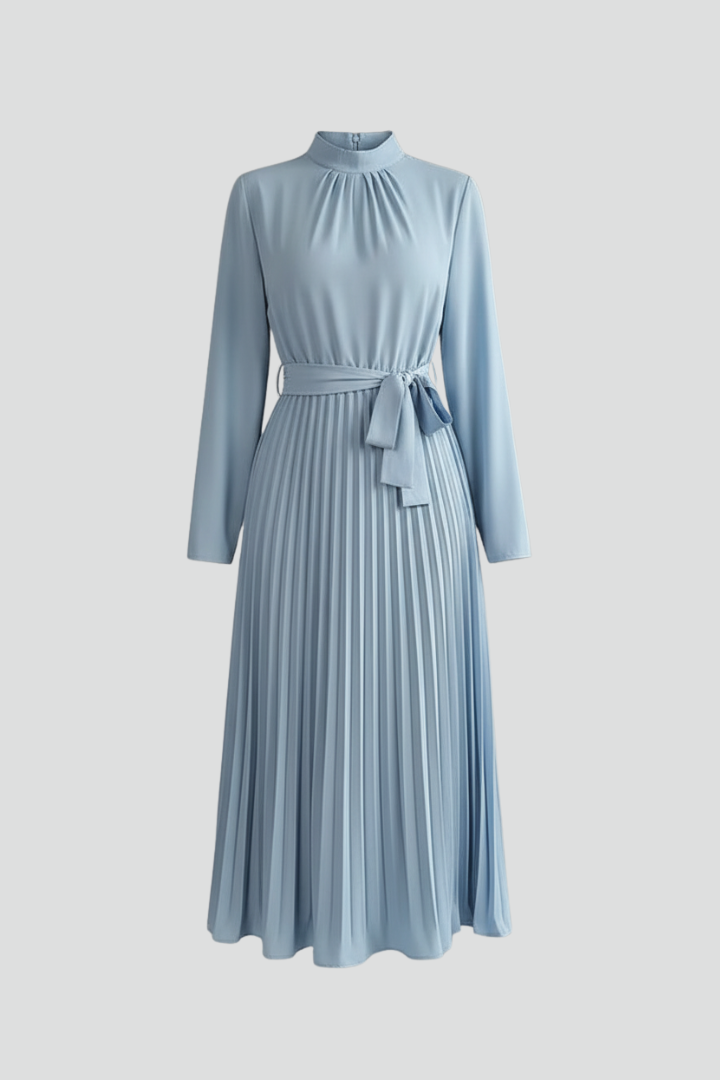 Elegant women's pleated long sleeve midi dress with flattering waist tie, perfect for fall fashion.