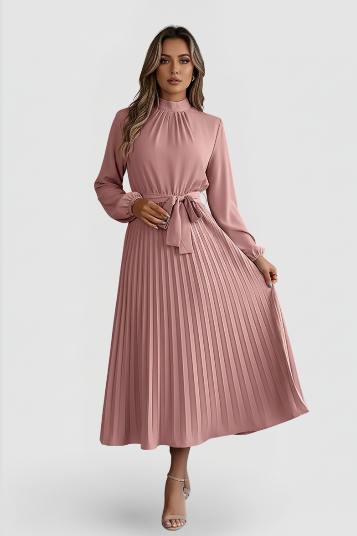 Women's elegant long sleeve pleated dress, featuring a flattering waist tie for a defined silhouette.