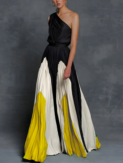 Elegant women's pleated maxi dress for formal occasions, featuring a stylish one-shoulder design & color block detail.