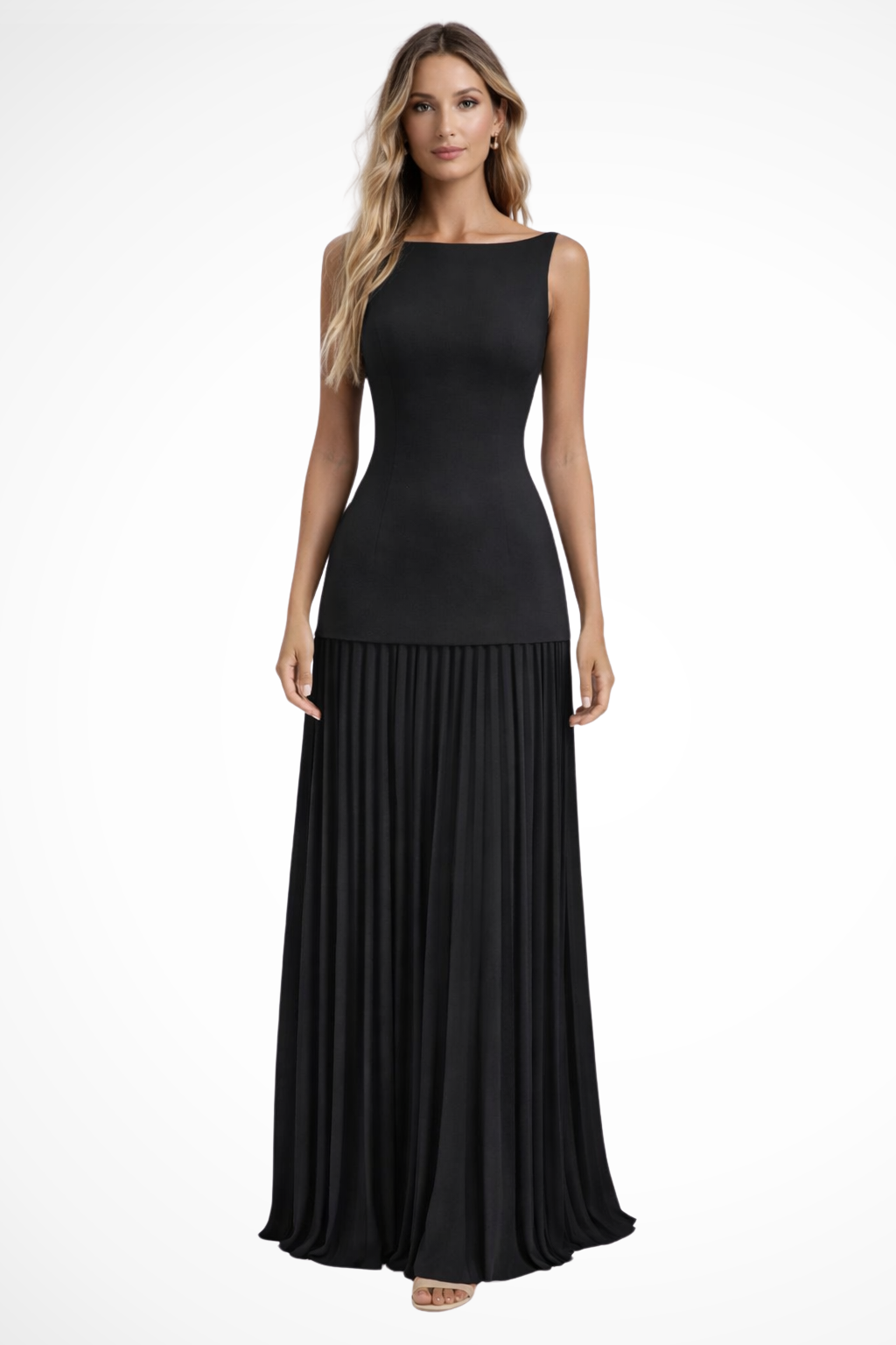 Flowing sleeveless pleated maxi gown for women, ideal formal evening wear or special occasion dress.