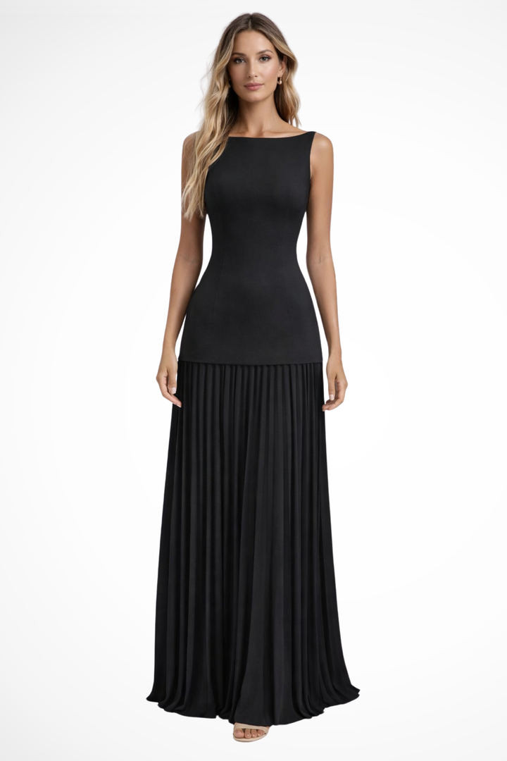 Flowing sleeveless pleated maxi gown for women, ideal formal evening wear or special occasion dress.
