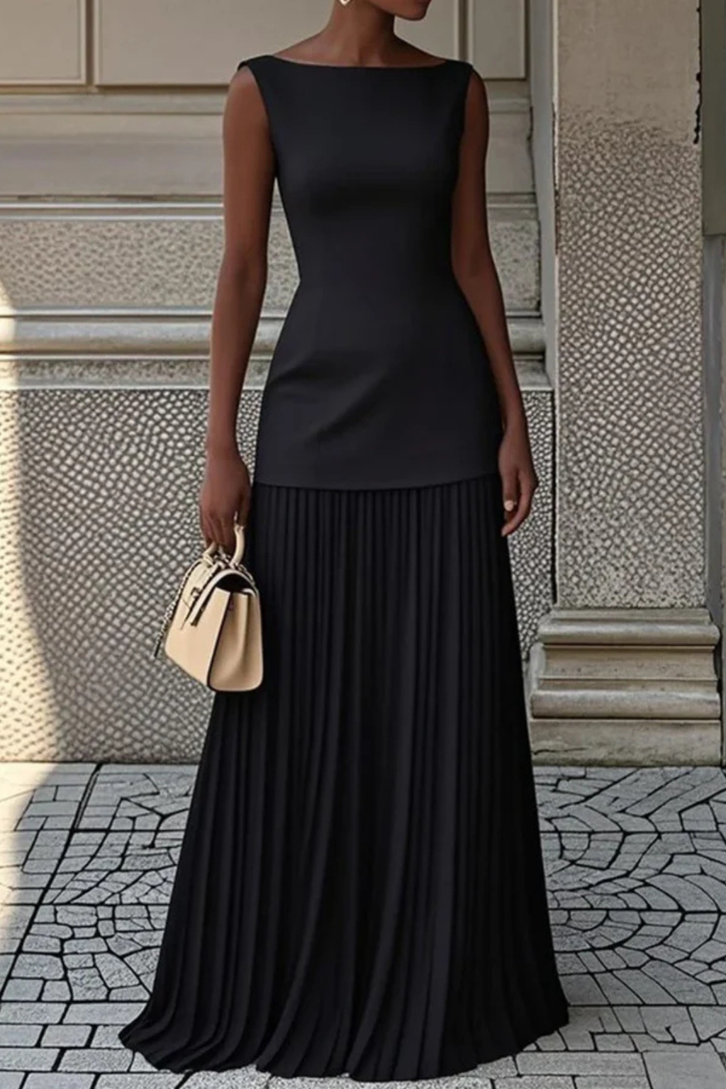 Graceful women's sleeveless pleated maxi gown. Elegant evening wear for formal events, weddings & galas.