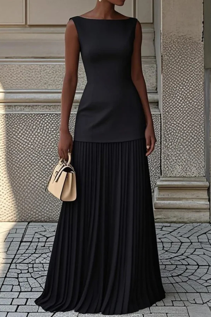 Graceful women's sleeveless pleated maxi gown. Elegant evening wear for formal events, weddings & galas.