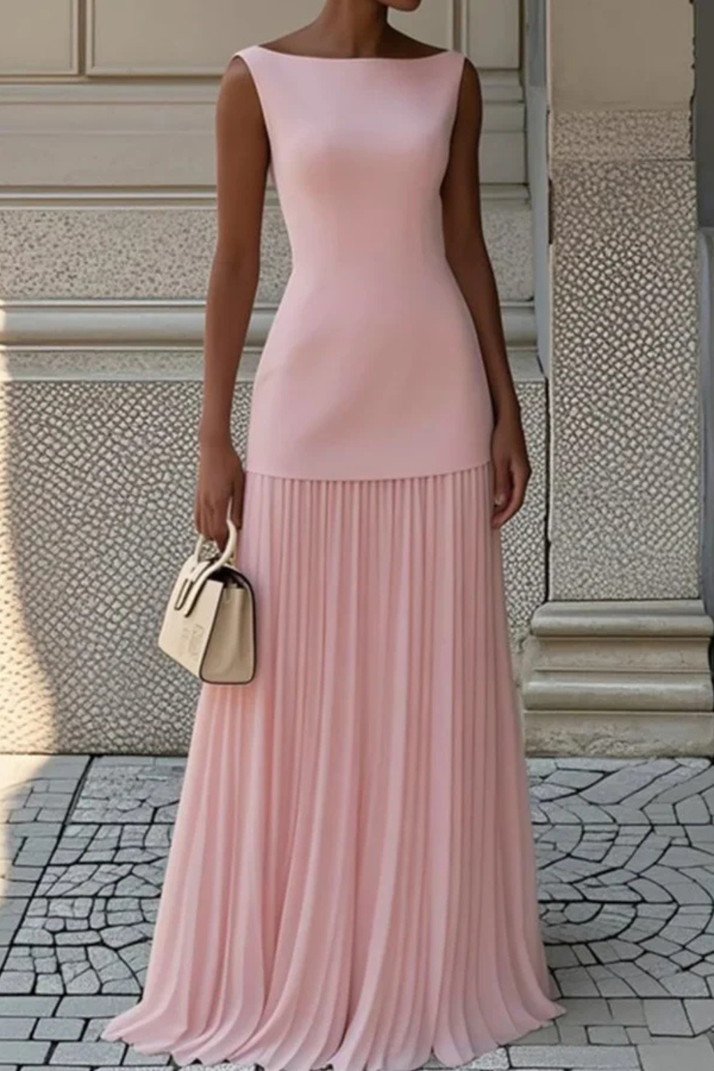 Formal evening pleated maxi dress for women, with an elegant flowing silhouette perfect for any special event.