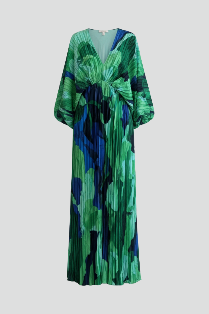 Elegant women's pleated maxi dress with a sophisticated V-neckline & stylish side slit, perfect for evenings.