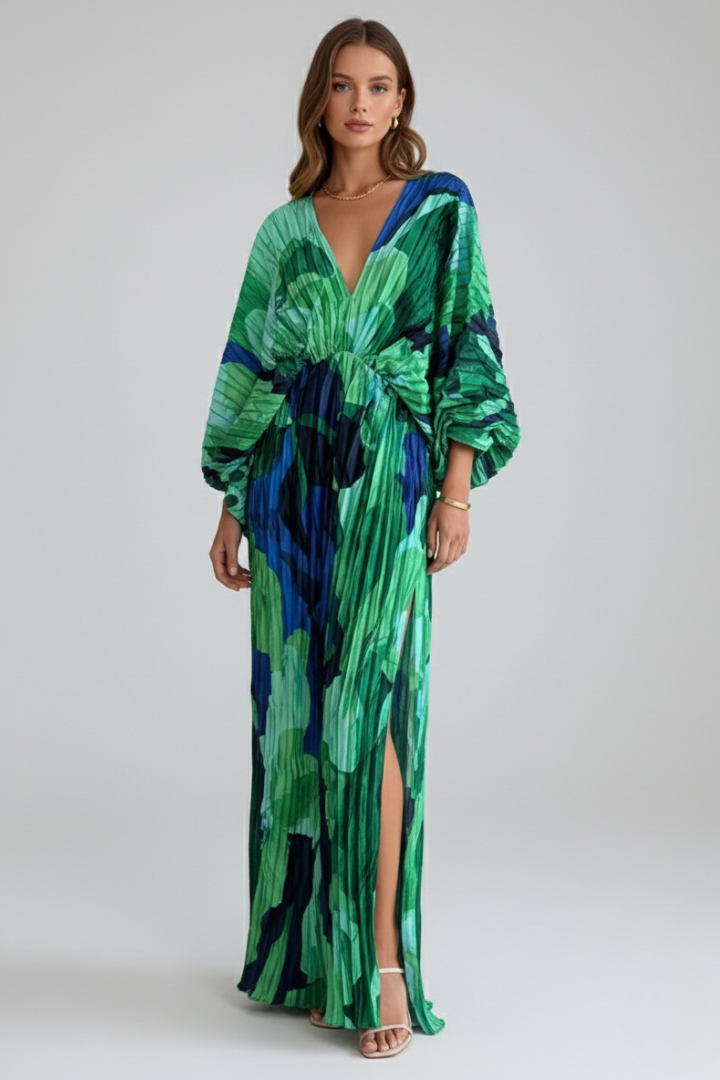Comfortable women's V-neck pleated maxi dress with a chic side slit, ideal for summer or evening wear.