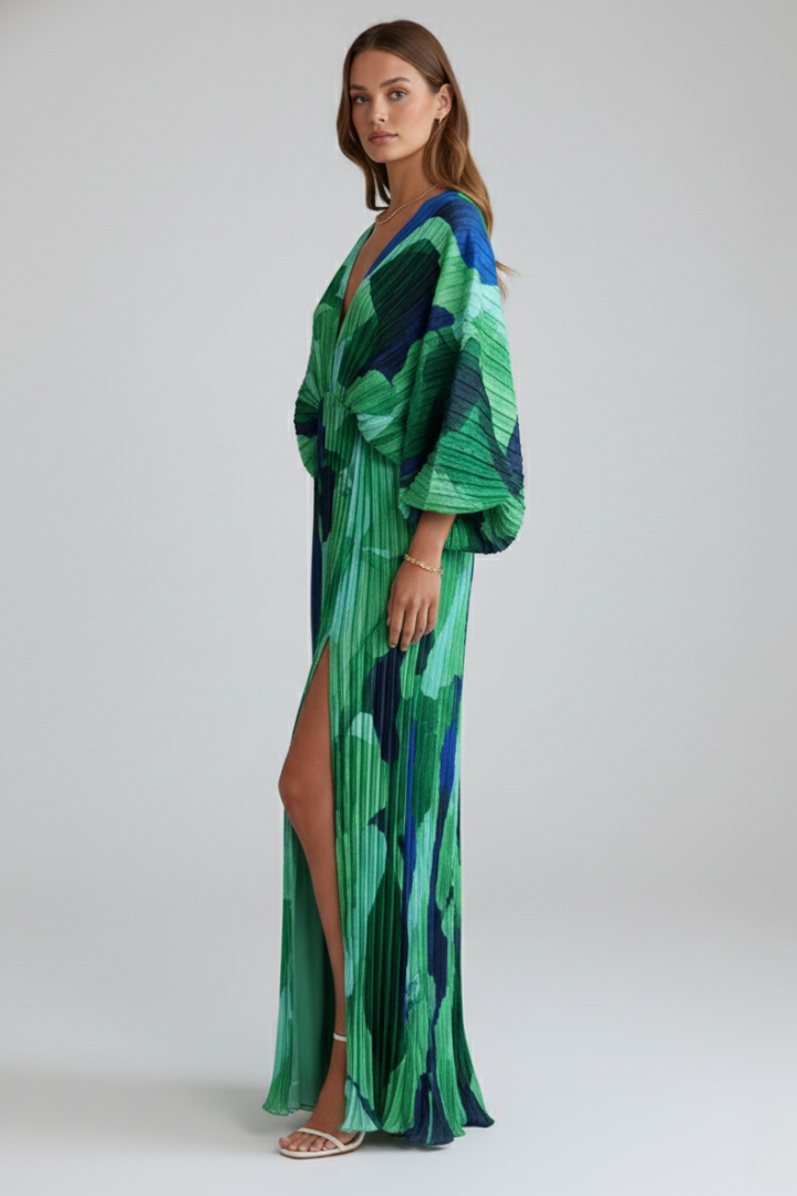 Fashionable women's V-neck maxi dress, beautifully pleated with an elegant side slit, great for any occasion.
