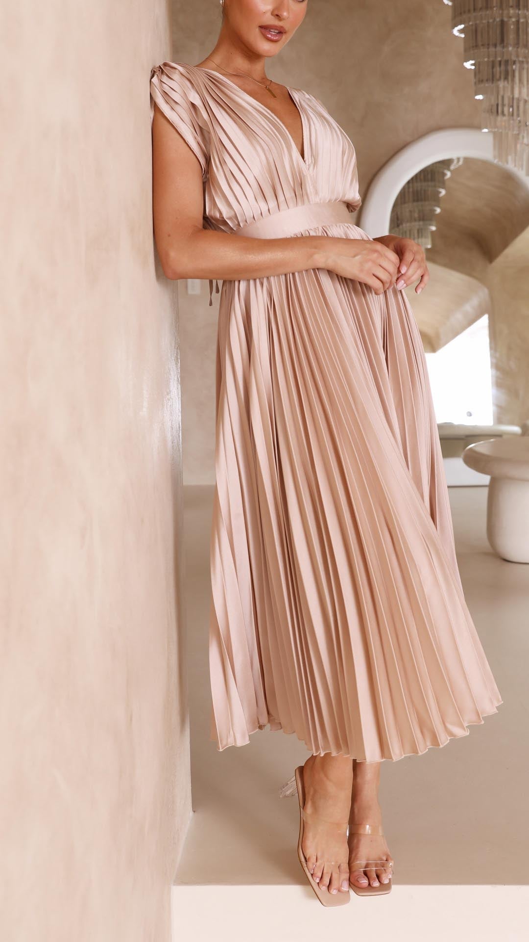 Wedding guest pleated maxi dress, elegant deep V-neck, sleeveless, ideal for formal parties.