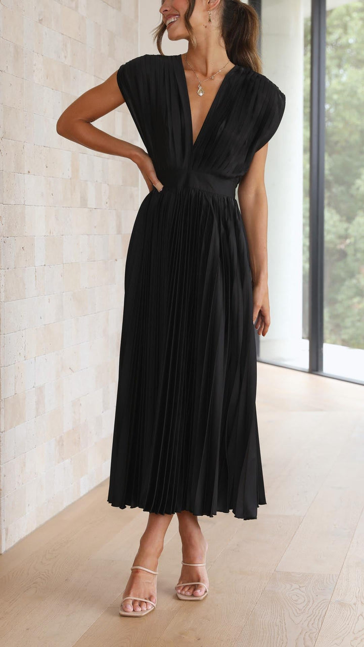 Formal long pleated dress, women's elegant deep V-neck, sleeveless, for special events.